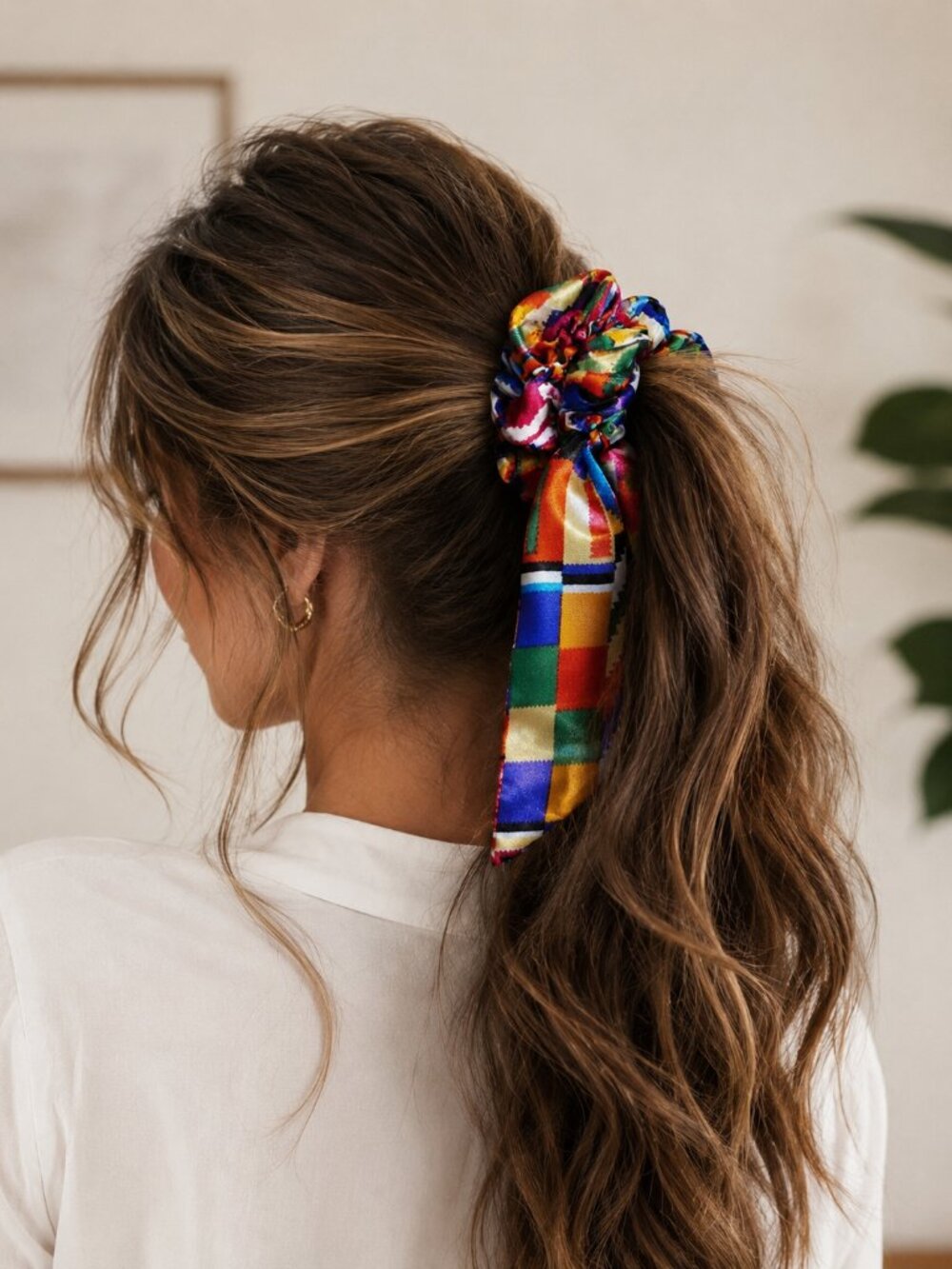 Upcycled bag scarf Ribbon Scrunchie Rainbow geometric